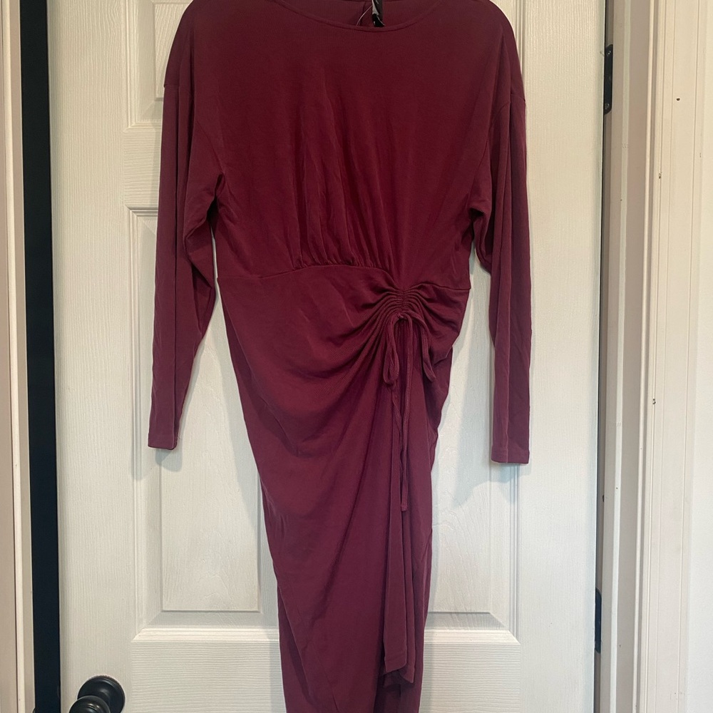 Elegant Burgundy Long Sleeve Cinch Dress from Lumiére